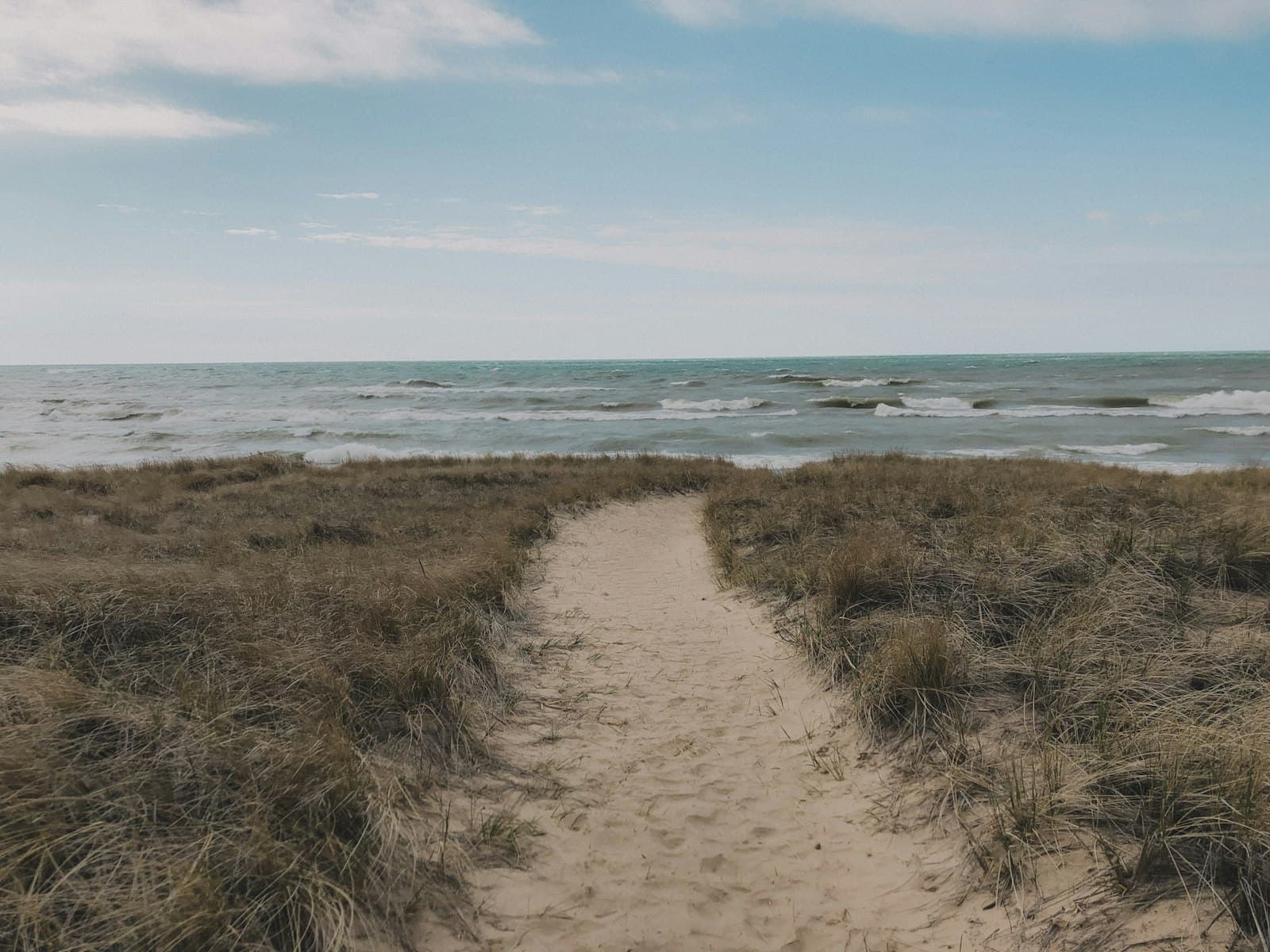 Sandy path through dune grass leading down to the Lake Michigan shoreline