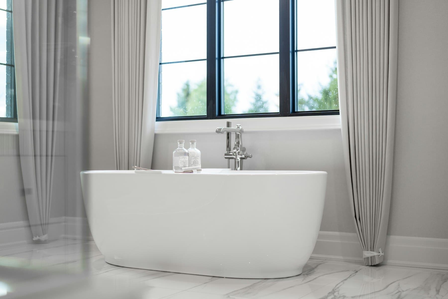 Soaking tub set beneath the primary bath window