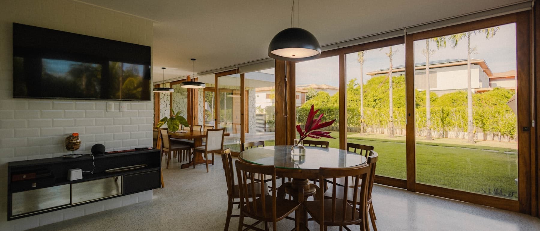 The table set for dinner beside the garden doors