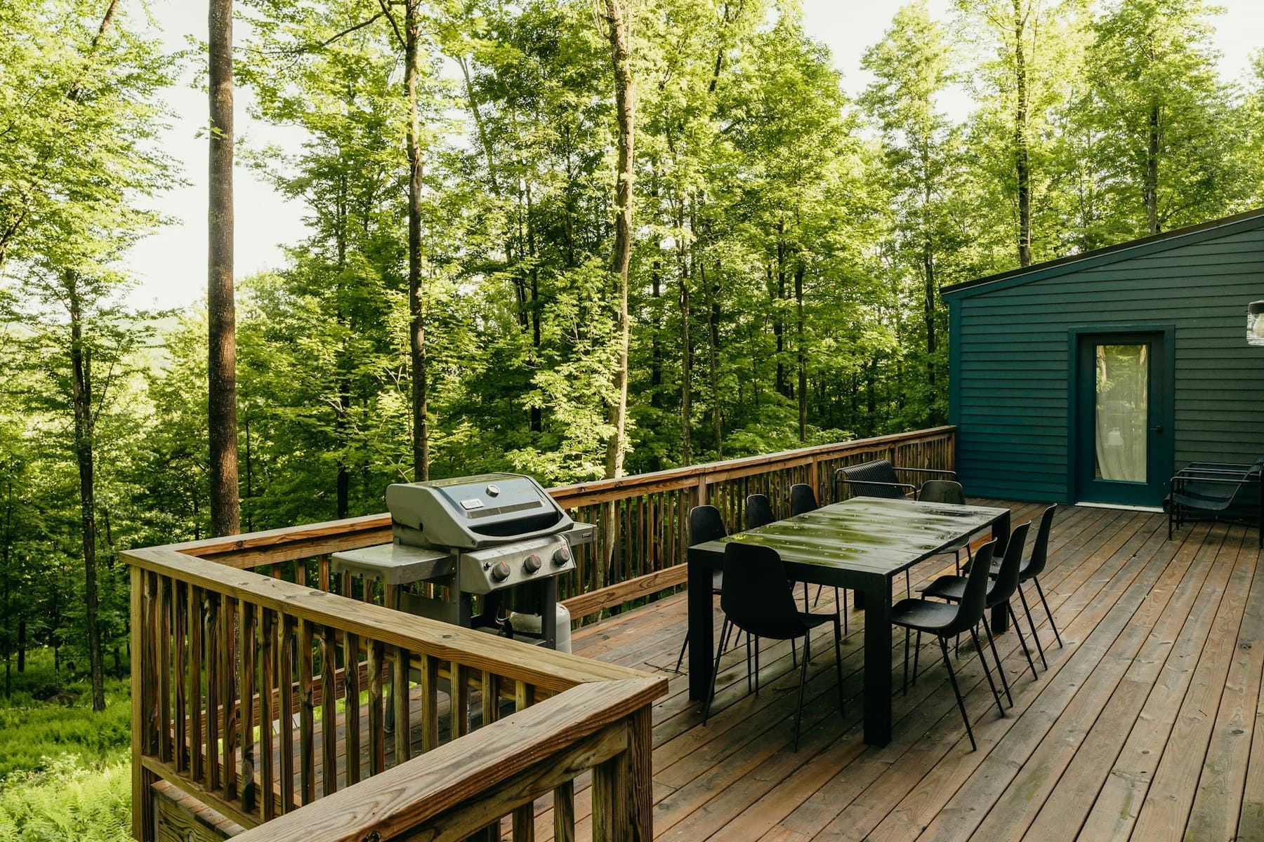 Grilling deck and outdoor dining table under the maples