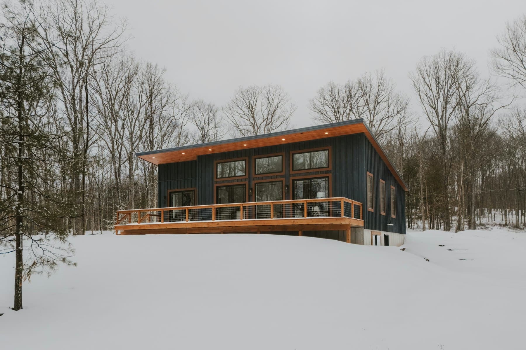 The house in winter with snow on the dune grass