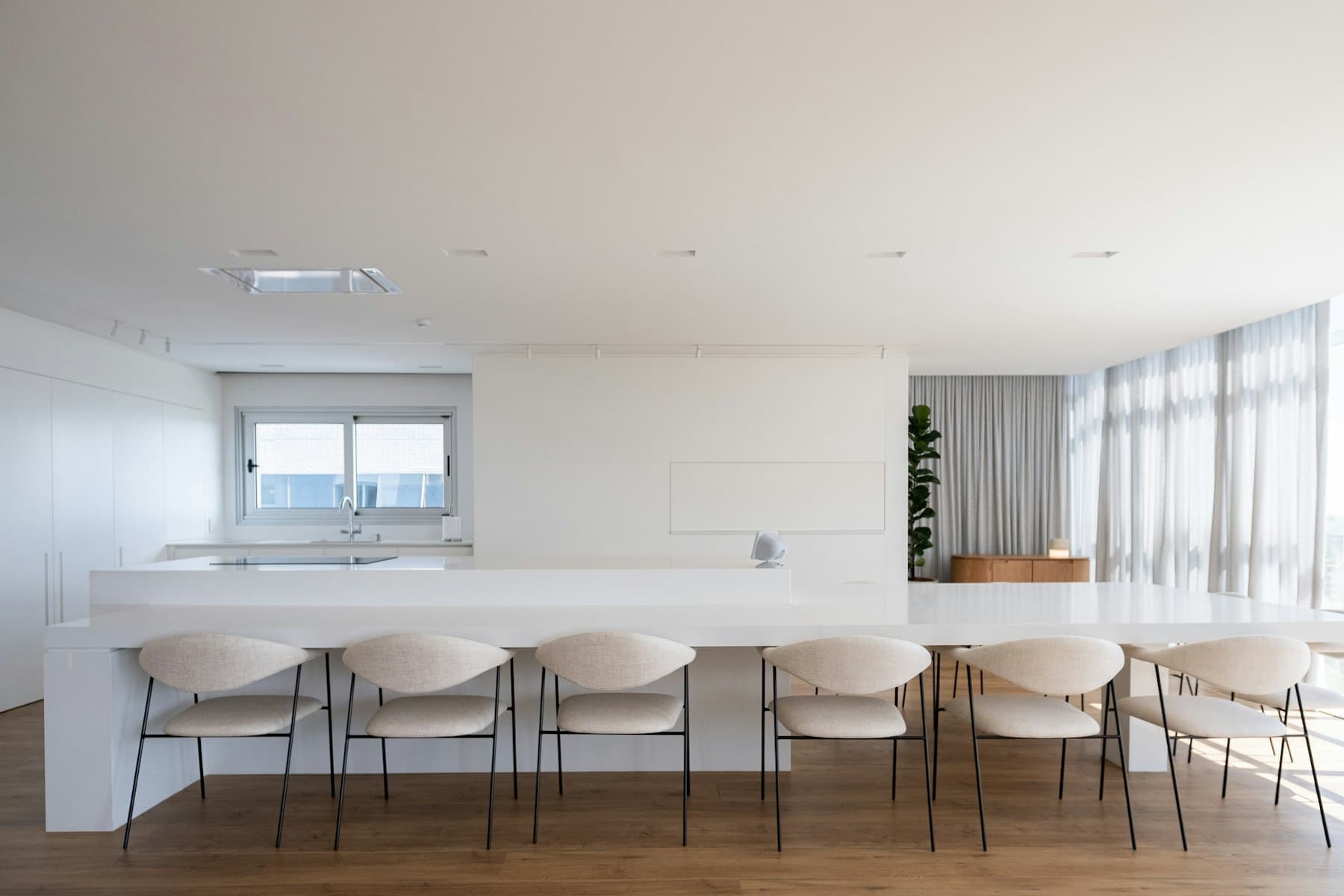 The long island with counter seating for eight