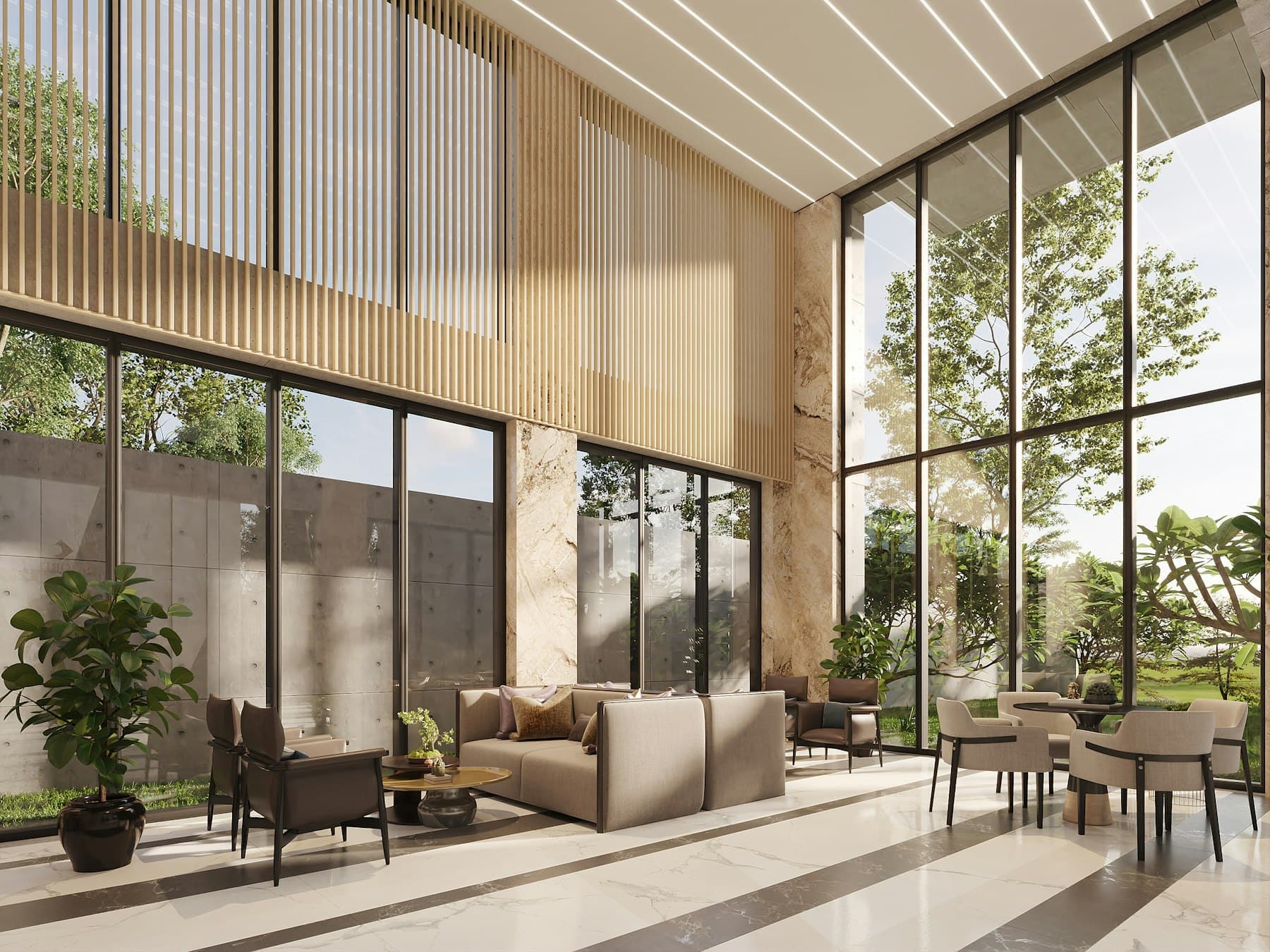 Two-story wall of west-facing glass in the great room